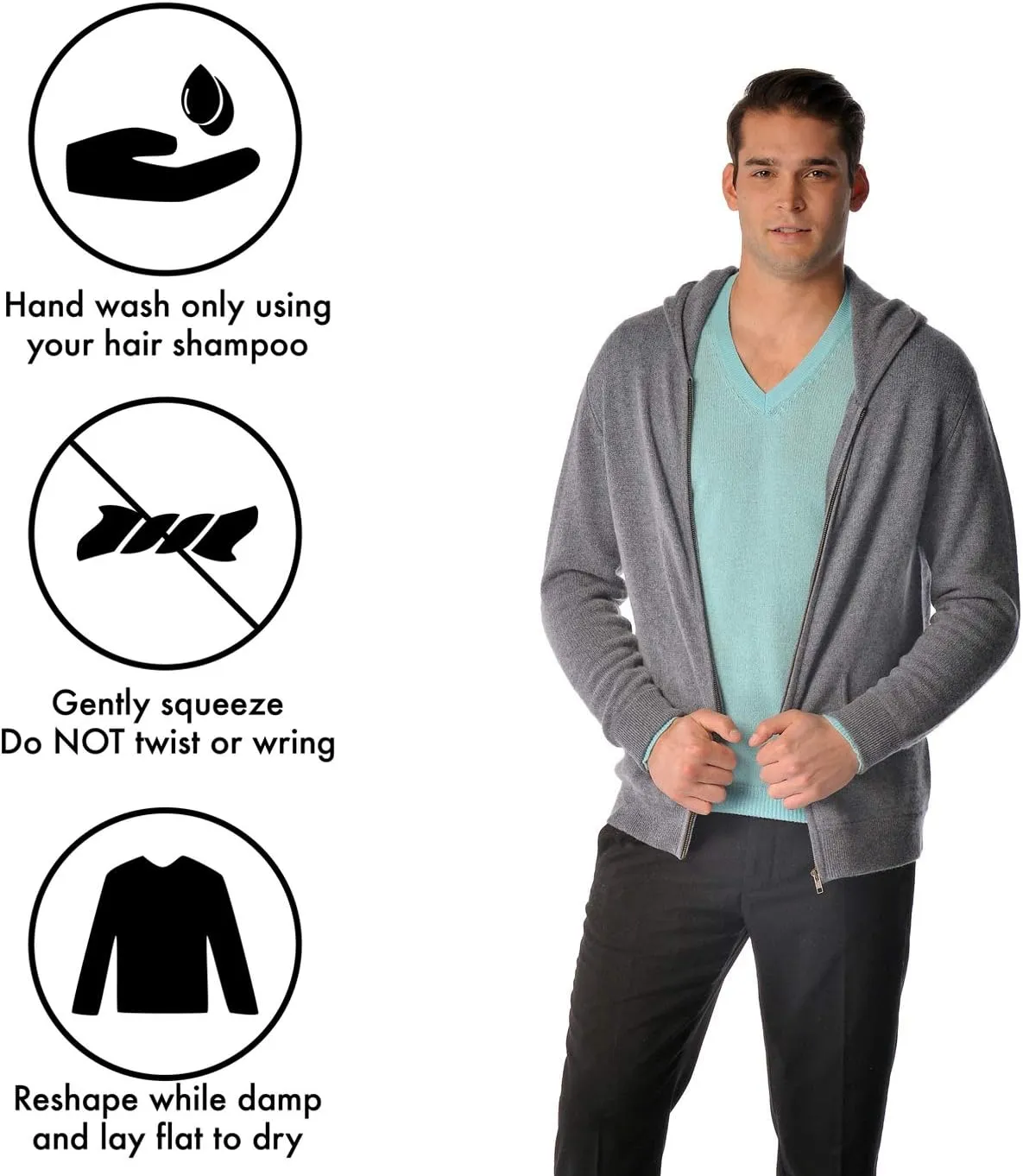 Cashmere Boutique 100% Pure Cashmere Hoodie Sweaters for Men – Full Zip, Long Sleeve, and Both Side Front Pockets
