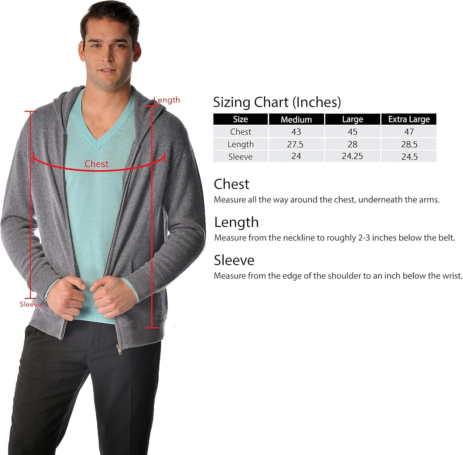 Cashmere Boutique 100% Pure Cashmere Hoodie Sweaters for Men – Full Zip, Long Sleeve, and Both Side Front Pockets