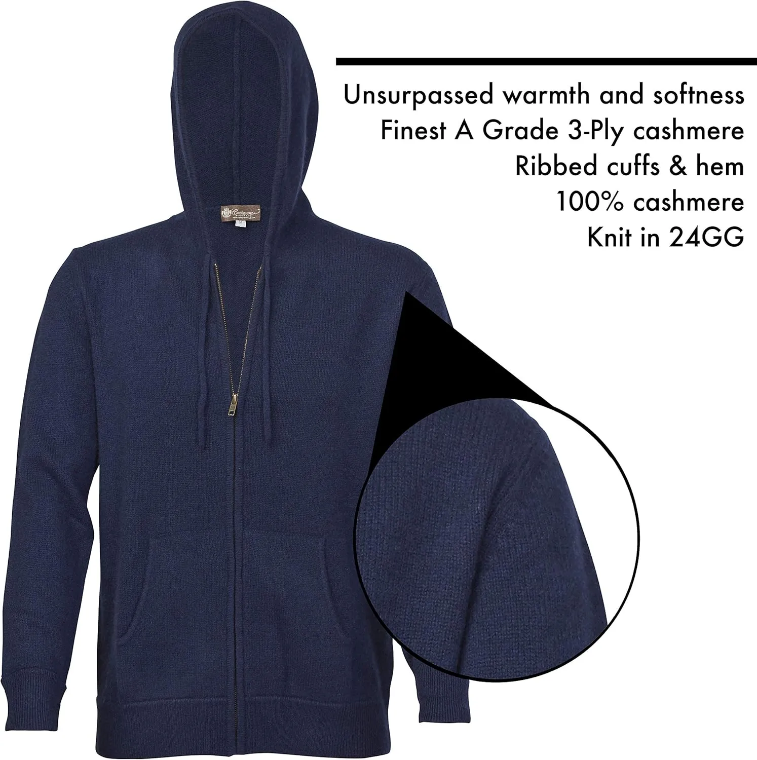 Cashmere Boutique 100% Pure Cashmere Hoodie Sweaters for Men – Full Zip, Long Sleeve, and Both Side Front Pockets