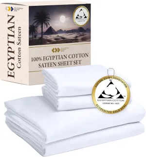 Certified Luxury 100% Egyptian Cotton Bed Sheets, California King Sheets Set, Bedding Sheets & Pillowcases Set with Deep Pocket, Sateen Cooling Sheets for Hot Sleepers, White Sheets Set