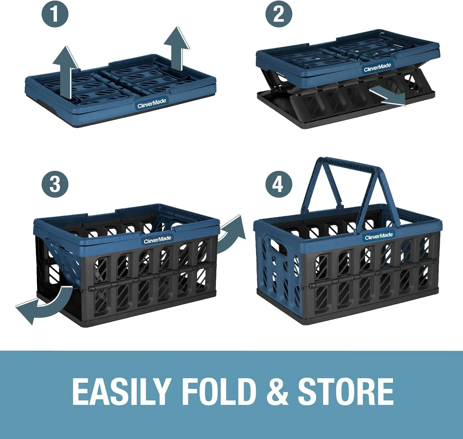 CleverMade Collapsible Shopping Basket, Ocean, 3PK - 24L (6 Gal) Reusable Plastic Grocery Shopping Baskets, Holds 25lbs Per Basket - Small Foldable Storage Crates with Handles