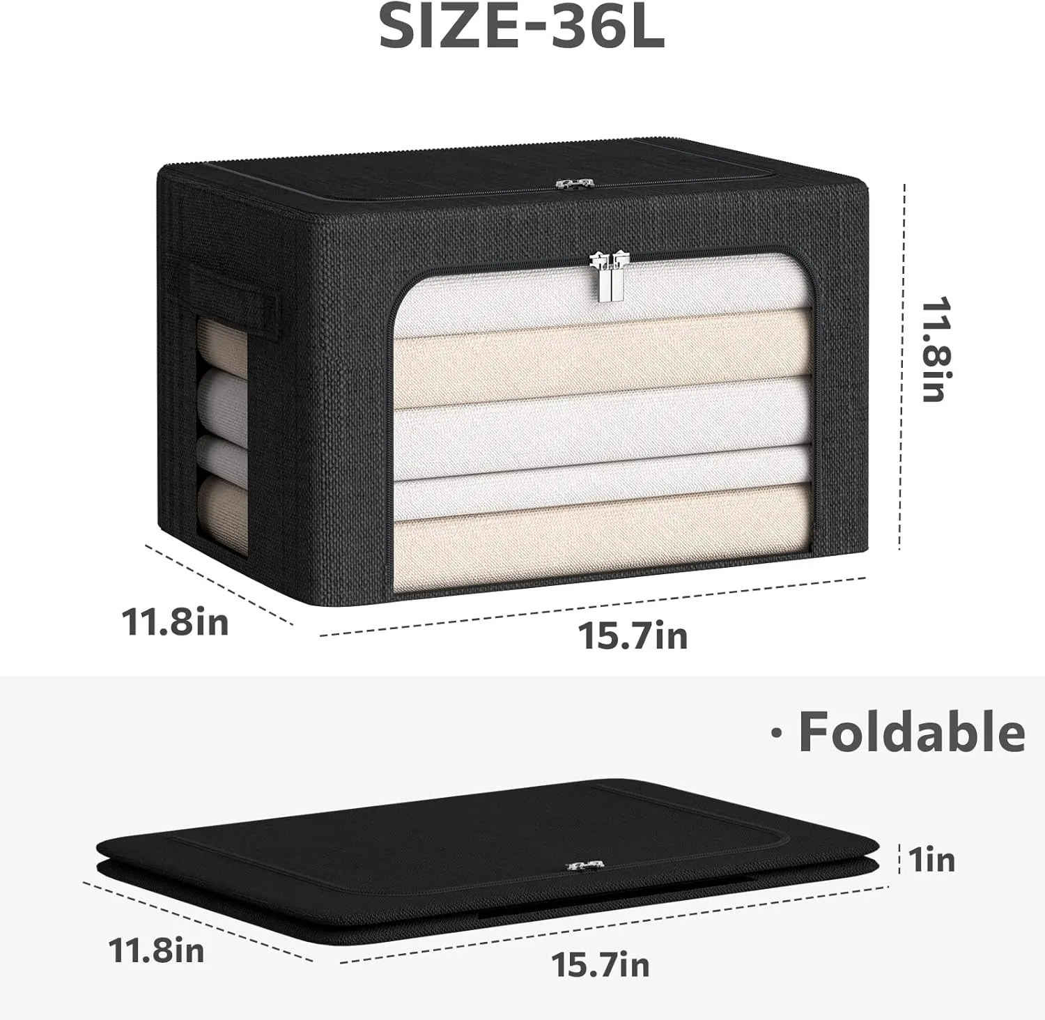 Clothes Storage Bins Box - Linen Fabric Foldable Stackable Container Organizer Set with Clear Window & Carry Handles & Metal Frame (Black, Medium-36L)