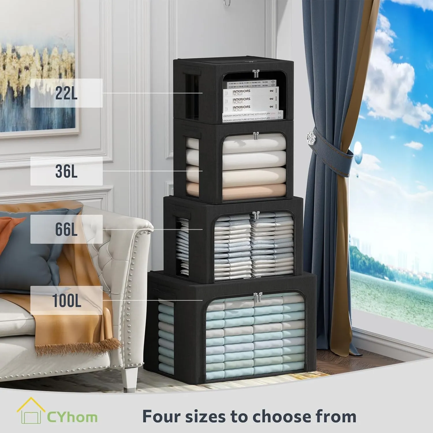 Clothes Storage Bins Box - Linen Fabric Foldable Stackable Container Organizer Set with Clear Window & Carry Handles & Metal Frame (Black, Medium-36L)