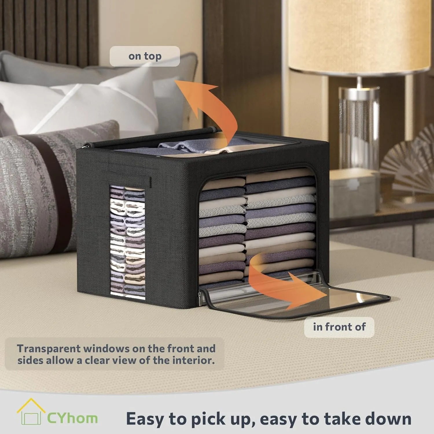 Clothes Storage Bins Box - Linen Fabric Foldable Stackable Container Organizer Set with Clear Window & Carry Handles & Metal Frame (Black, Medium-36L)