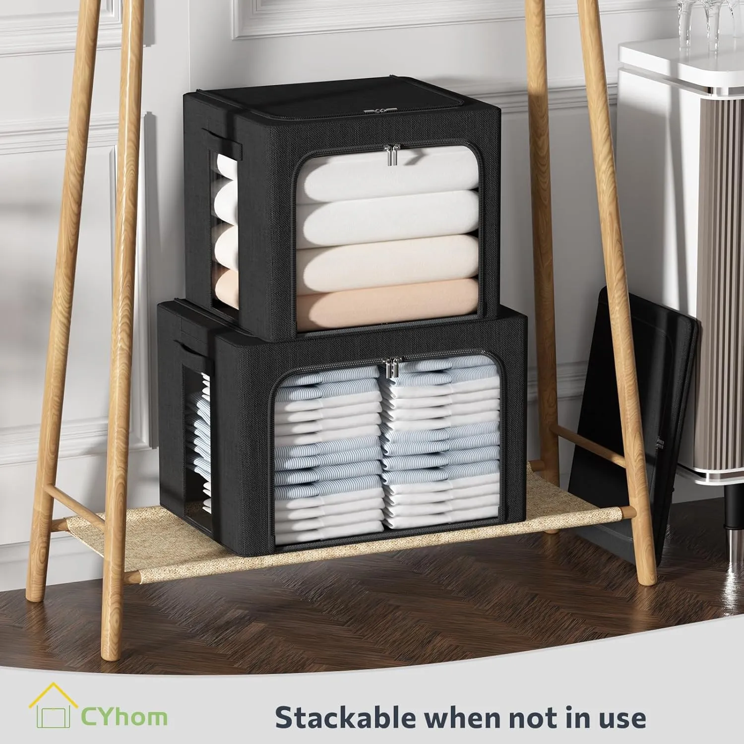 Clothes Storage Bins Box - Linen Fabric Foldable Stackable Container Organizer Set with Clear Window & Carry Handles & Metal Frame (Black, Medium-36L)