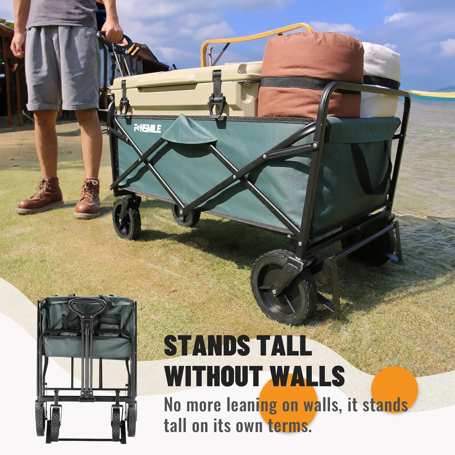 Collapsible Folding Wagon, Heavy Duty 220Lbs Capacity, Foldable Utility Cart for Outdoor, Camping, Grocery, Sports, Beach, All Terrain