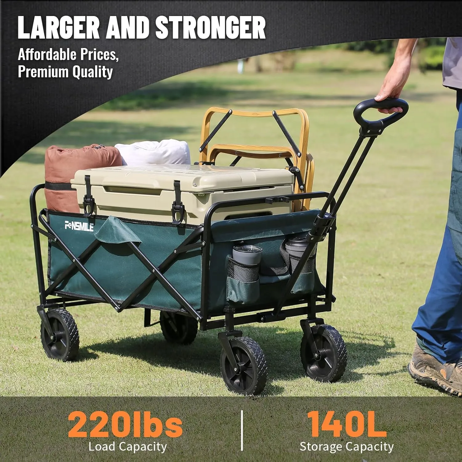 Collapsible Folding Wagon, Heavy Duty 220Lbs Capacity, Foldable Utility Cart for Outdoor, Camping, Grocery, Sports, Beach, All Terrain