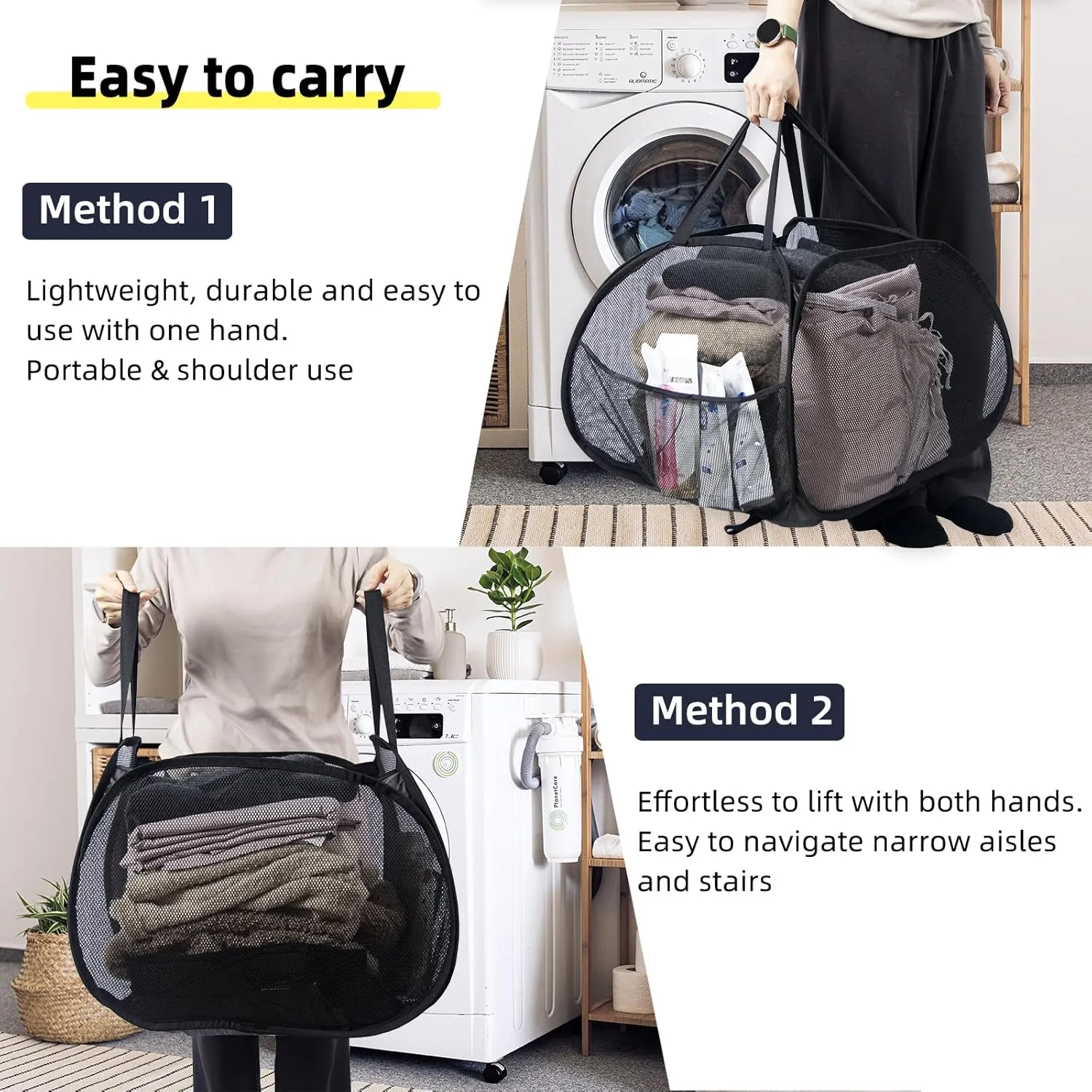 Collapsible Laundry Basket, 90L Foldable Pop-up Laundry Hamper with Handles, Mesh Dirty Clothes Hamper for Laundry, Bathroom, Kids Room, Dorm,Travel or Camping (Black, 2PCS)