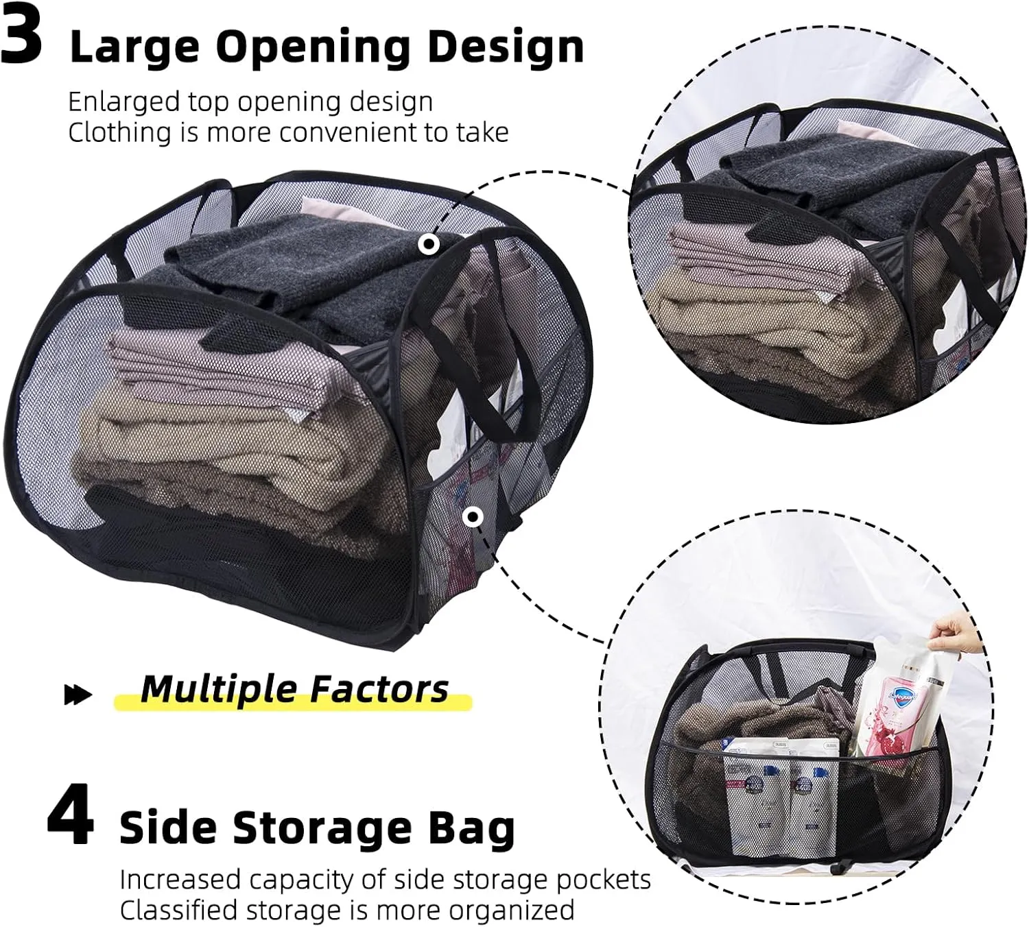 Collapsible Laundry Basket, 90L Foldable Pop-up Laundry Hamper with Handles, Mesh Dirty Clothes Hamper for Laundry, Bathroom, Kids Room, Dorm,Travel or Camping (Black, 2PCS)