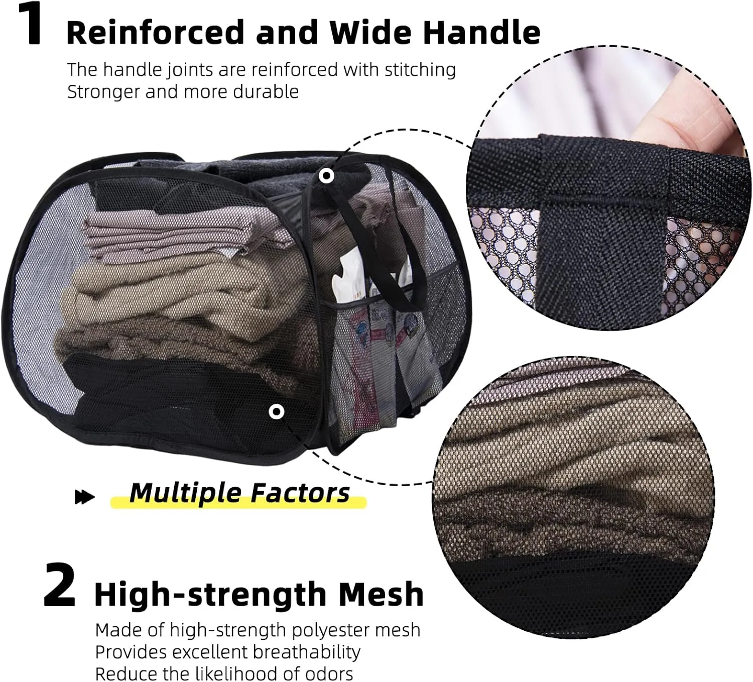 Collapsible Laundry Basket, 90L Foldable Pop-up Laundry Hamper with Handles, Mesh Dirty Clothes Hamper for Laundry, Bathroom, Kids Room, Dorm,Travel or Camping (Black, 2PCS)