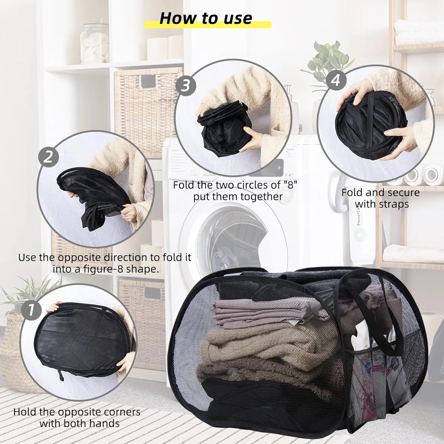 Collapsible Laundry Basket, 90L Foldable Pop-up Laundry Hamper with Handles, Mesh Dirty Clothes Hamper for Laundry, Bathroom, Kids Room, Dorm,Travel or Camping (Black, 2PCS)