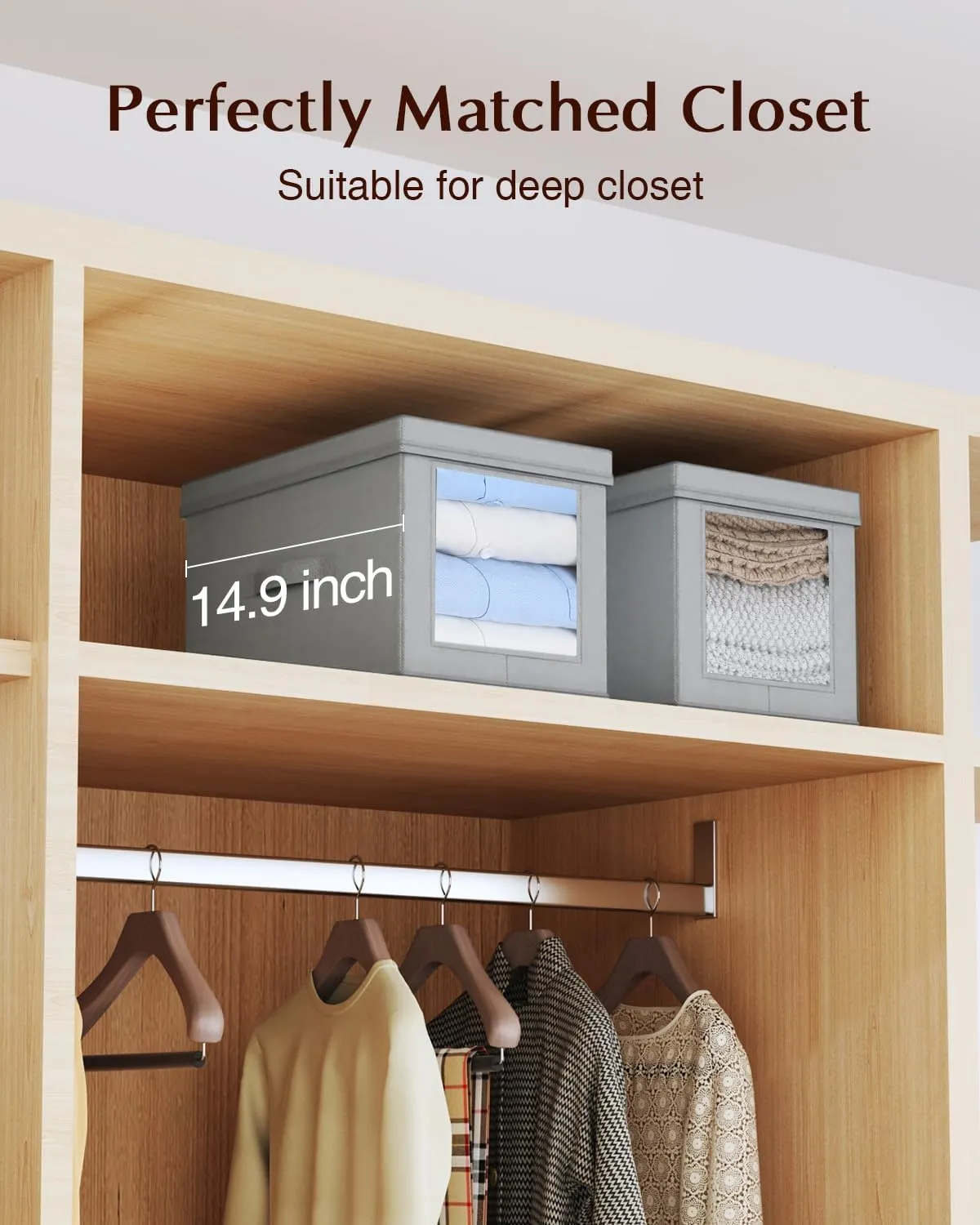 Collapsible Storage Bins with Lids - Foldable Decorative Storage Boxes with Side Window, 15 Inch Closet Boxes with Handles, Organizer Bins for Living Room, Deep Shelves, 5 Pack, Grey
