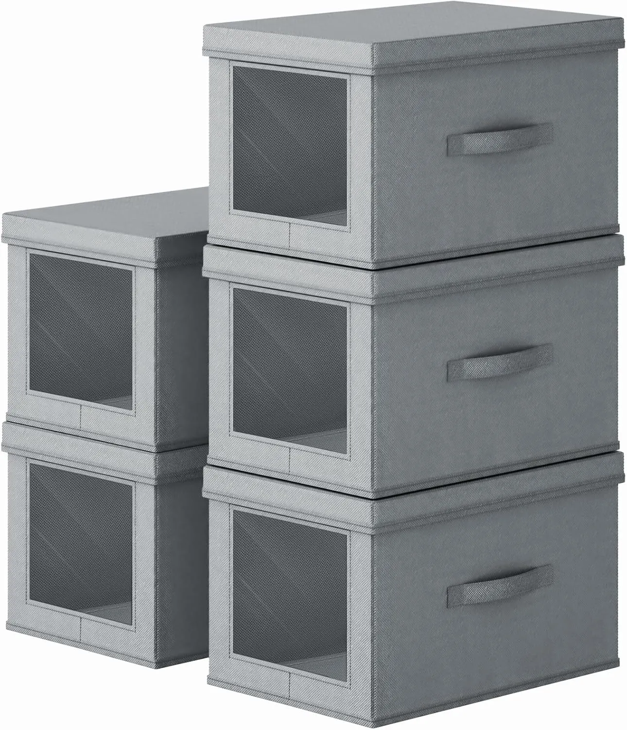 Collapsible Storage Bins with Lids - Foldable Decorative Storage Boxes with Side Window, 15 Inch Closet Boxes with Handles, Organizer Bins for Living Room, Deep Shelves, 5 Pack, Grey