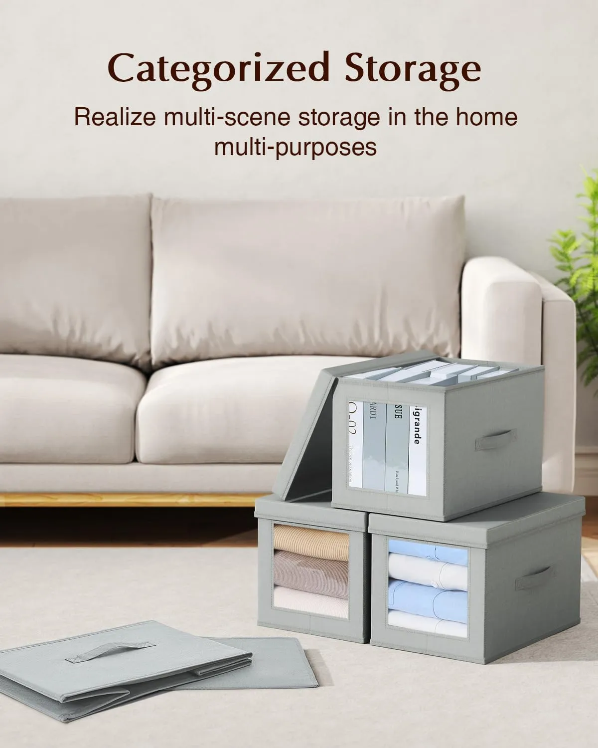 Collapsible Storage Bins with Lids - Foldable Decorative Storage Boxes with Side Window, 15 Inch Closet Boxes with Handles, Organizer Bins for Living Room, Deep Shelves, 5 Pack, Grey