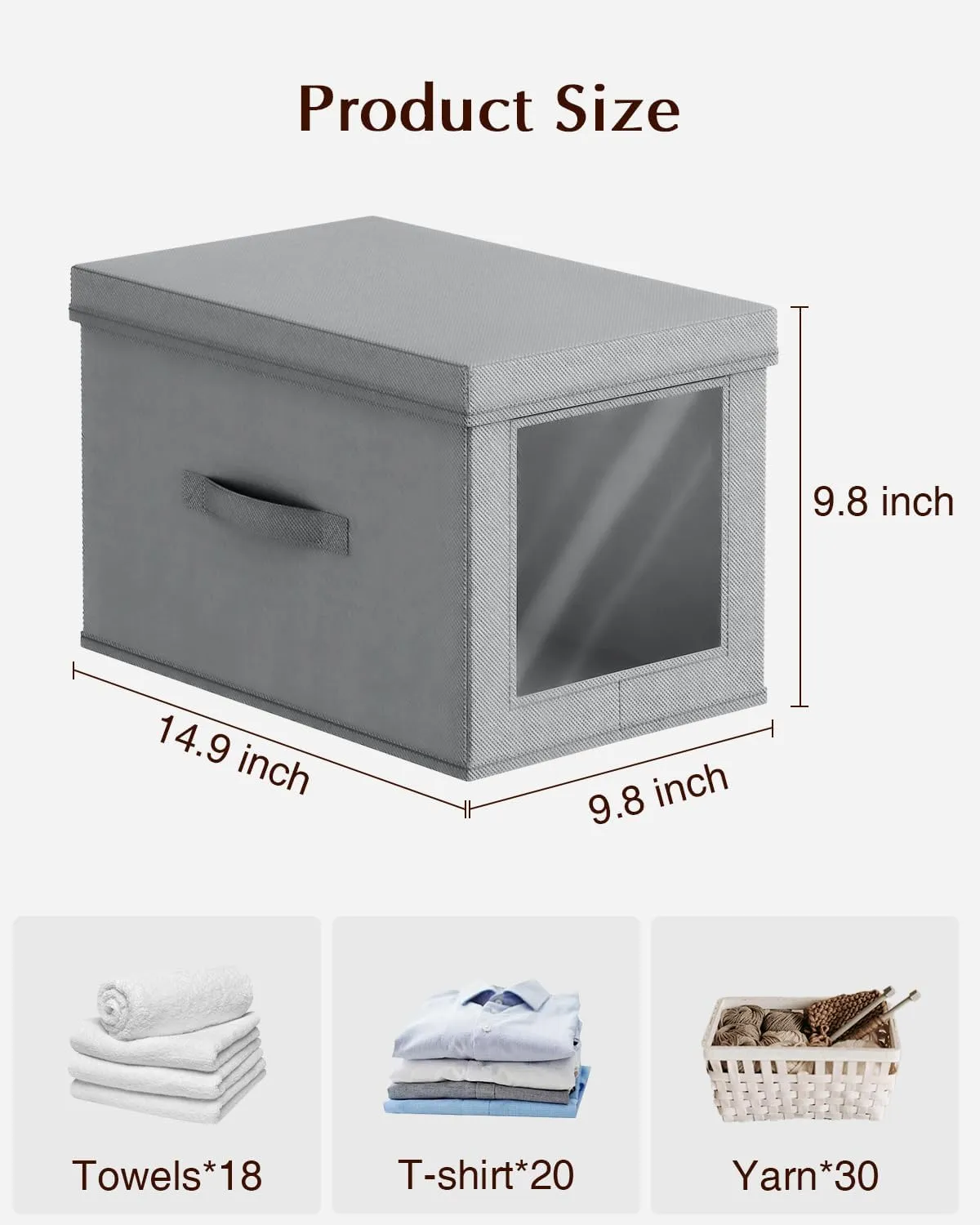 Collapsible Storage Bins with Lids - Foldable Decorative Storage Boxes with Side Window, 15 Inch Closet Boxes with Handles, Organizer Bins for Living Room, Deep Shelves, 5 Pack, Grey