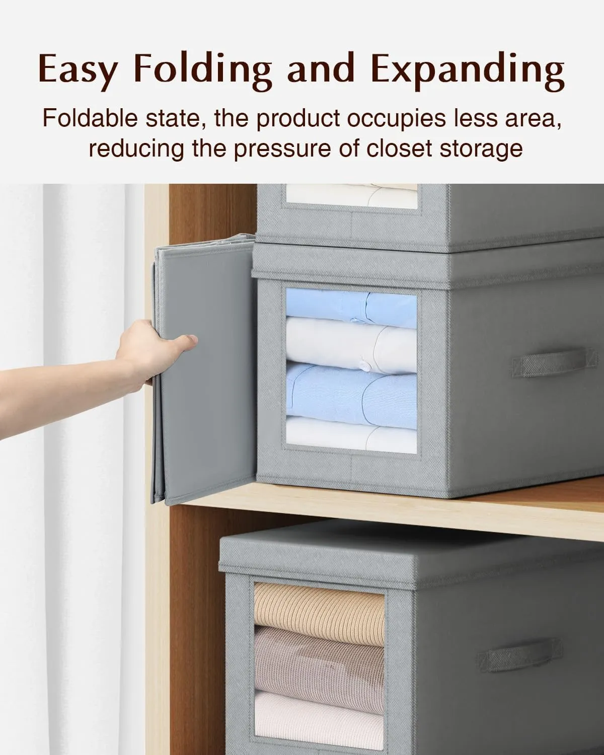 Collapsible Storage Bins with Lids - Foldable Decorative Storage Boxes with Side Window, 15 Inch Closet Boxes with Handles, Organizer Bins for Living Room, Deep Shelves, 5 Pack, Grey