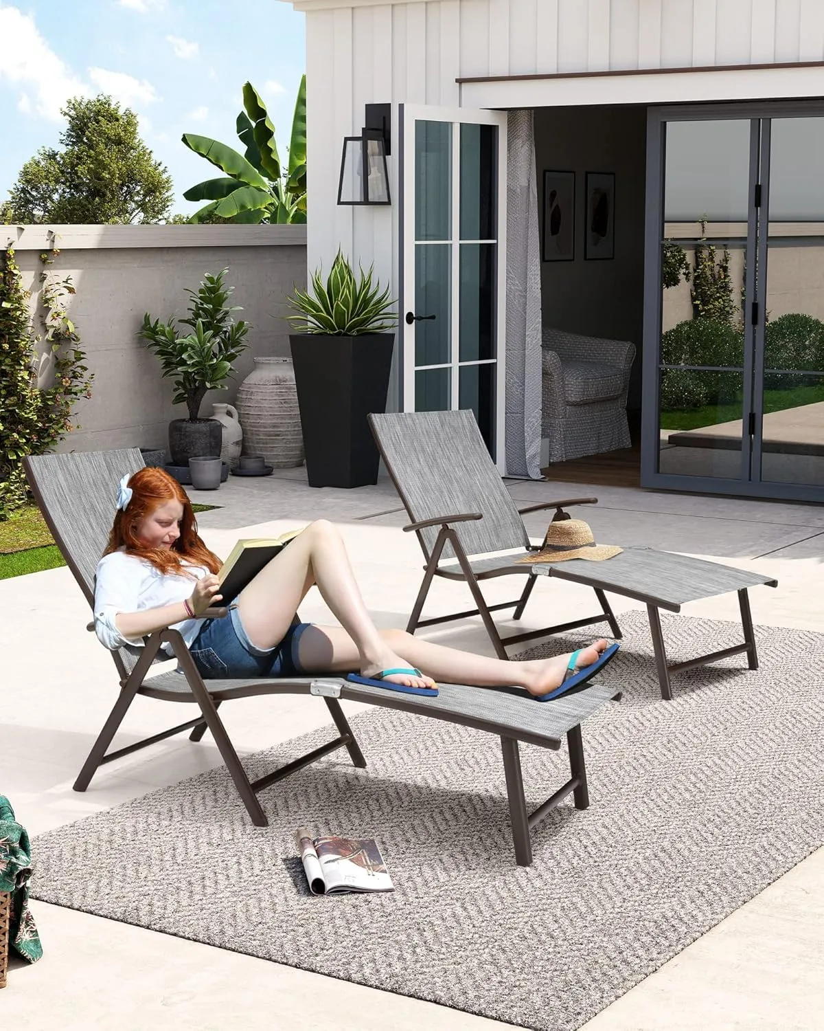 Crestlive Products Chaise Lounge Chair Outdoor Set of 2, Aluminum Folding Patio Recliner Chair, Adjustable 8 Positions Assemble-Free Perfect for Beach, Yard, Pool, Deck