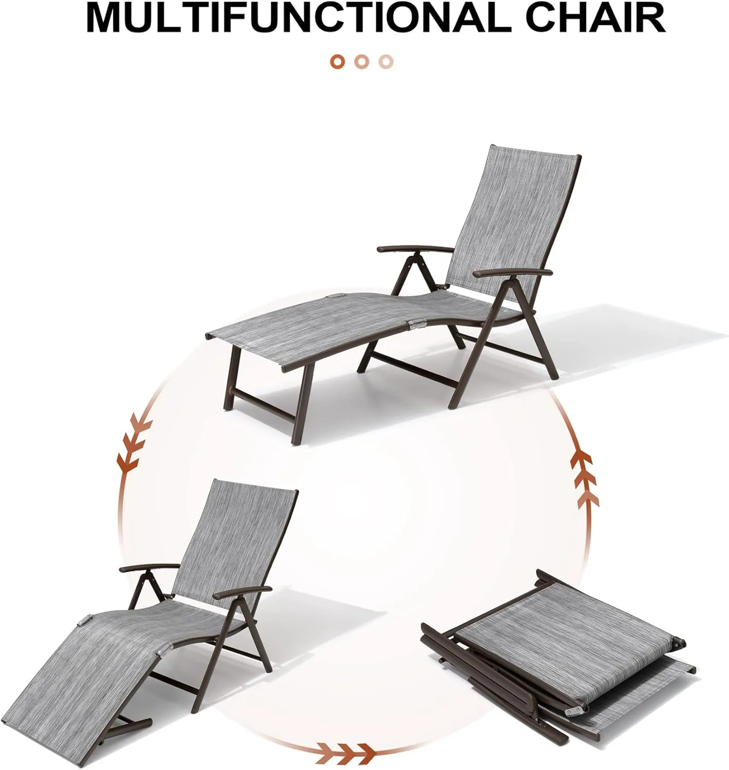 Crestlive Products Chaise Lounge Chair Outdoor Set of 2, Aluminum Folding Patio Recliner Chair, Adjustable 8 Positions Assemble-Free Perfect for Beach, Yard, Pool, Deck