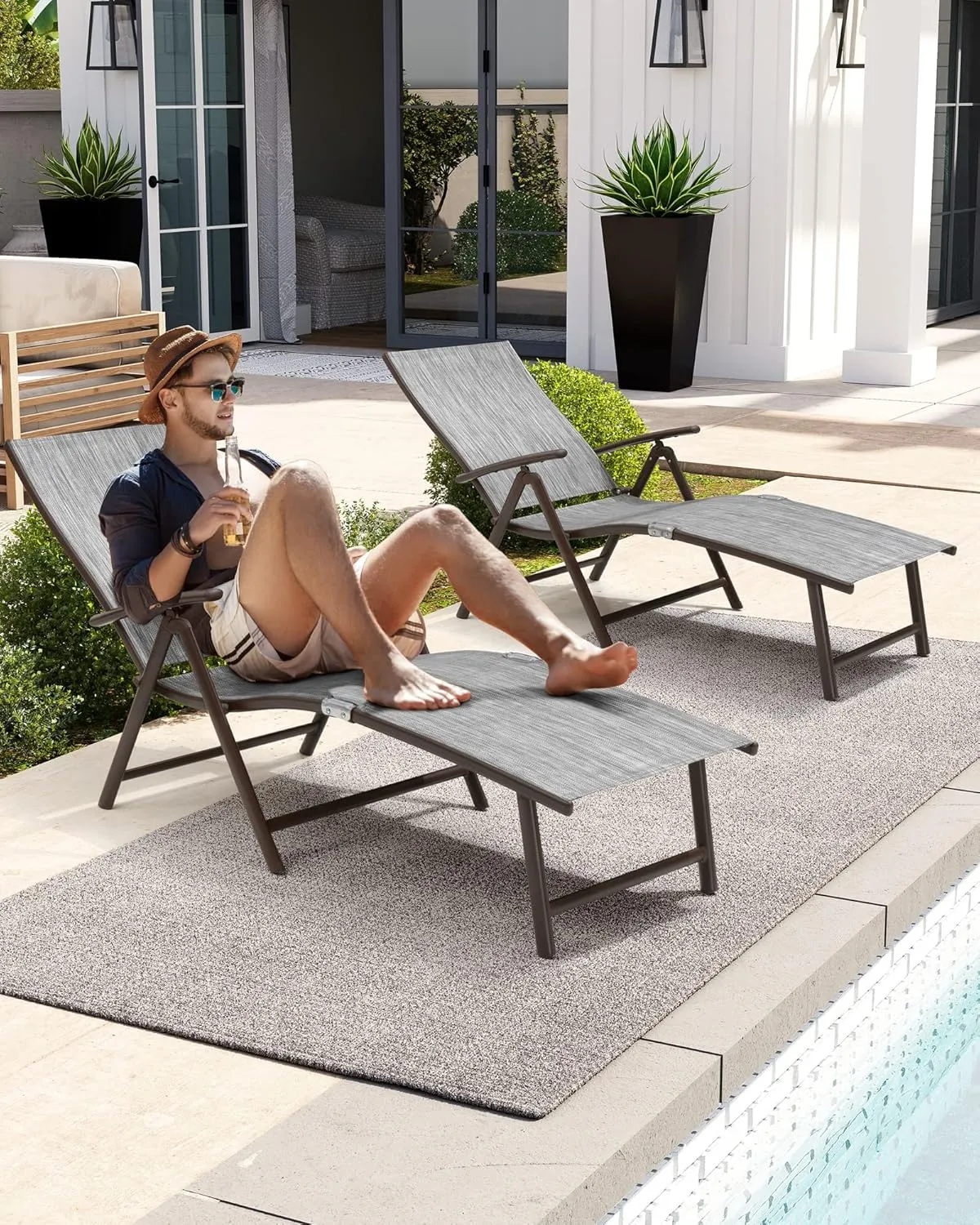 Crestlive Products Chaise Lounge Chair Outdoor Set of 2, Aluminum Folding Patio Recliner Chair, Adjustable 8 Positions Assemble-Free Perfect for Beach, Yard, Pool, Deck