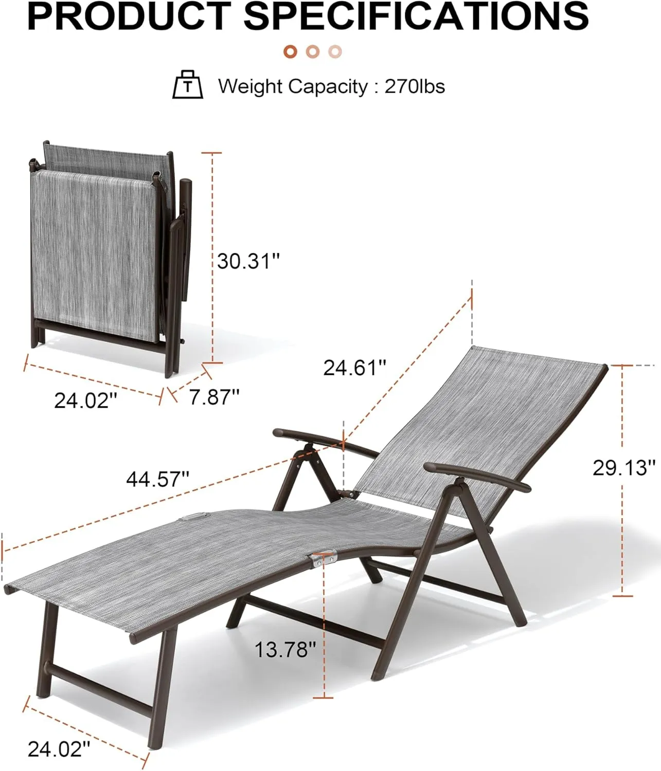 Crestlive Products Chaise Lounge Chair Outdoor Set of 2, Aluminum Folding Patio Recliner Chair, Adjustable 8 Positions Assemble-Free Perfect for Beach, Yard, Pool, Deck