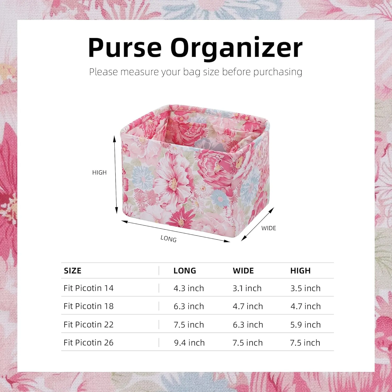 Custom Fit for Luxury Handbags Foldable Organizer Insert with Elegant Pattern, Perfectly Sized for Hermès Picotin 14/18/22/26 bags(PC22, Blooming)