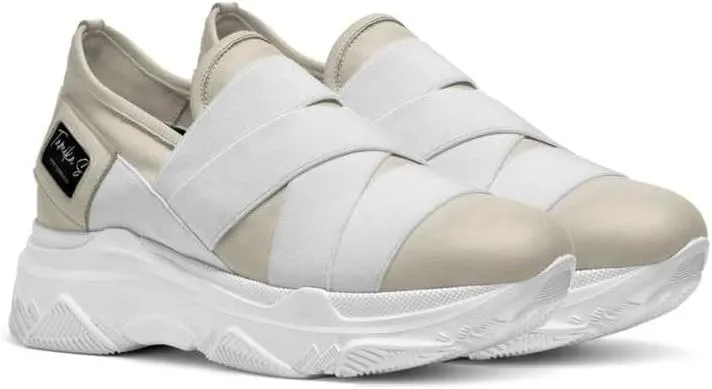 Custom Italian Leather Wedge Sneaker - The Tempo - Women Fashion, Cream Beige White Slip-on Height Shoe. Size US 6-10.5