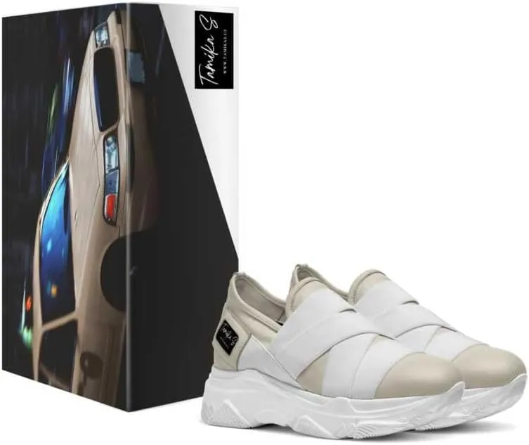 Custom Italian Leather Wedge Sneaker - The Tempo - Women Fashion, Cream Beige White Slip-on Height Shoe. Size US 6-10.5