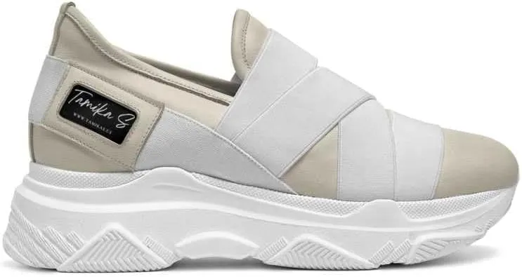 Custom Italian Leather Wedge Sneaker - The Tempo - Women Fashion, Cream Beige White Slip-on Height Shoe. Size US 6-10.5