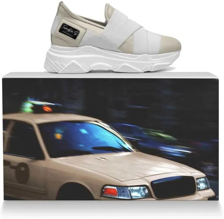 Custom Italian Leather Wedge Sneaker - The Tempo - Women Fashion, Cream Beige White Slip-on Height Shoe. Size US 6-10.5