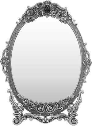 Cyrank Vintage Oval Floral Makeup Mirror, Metal Tabletop Mount, Retro Desktop Personal Makeup Mirror, Antique Pewter