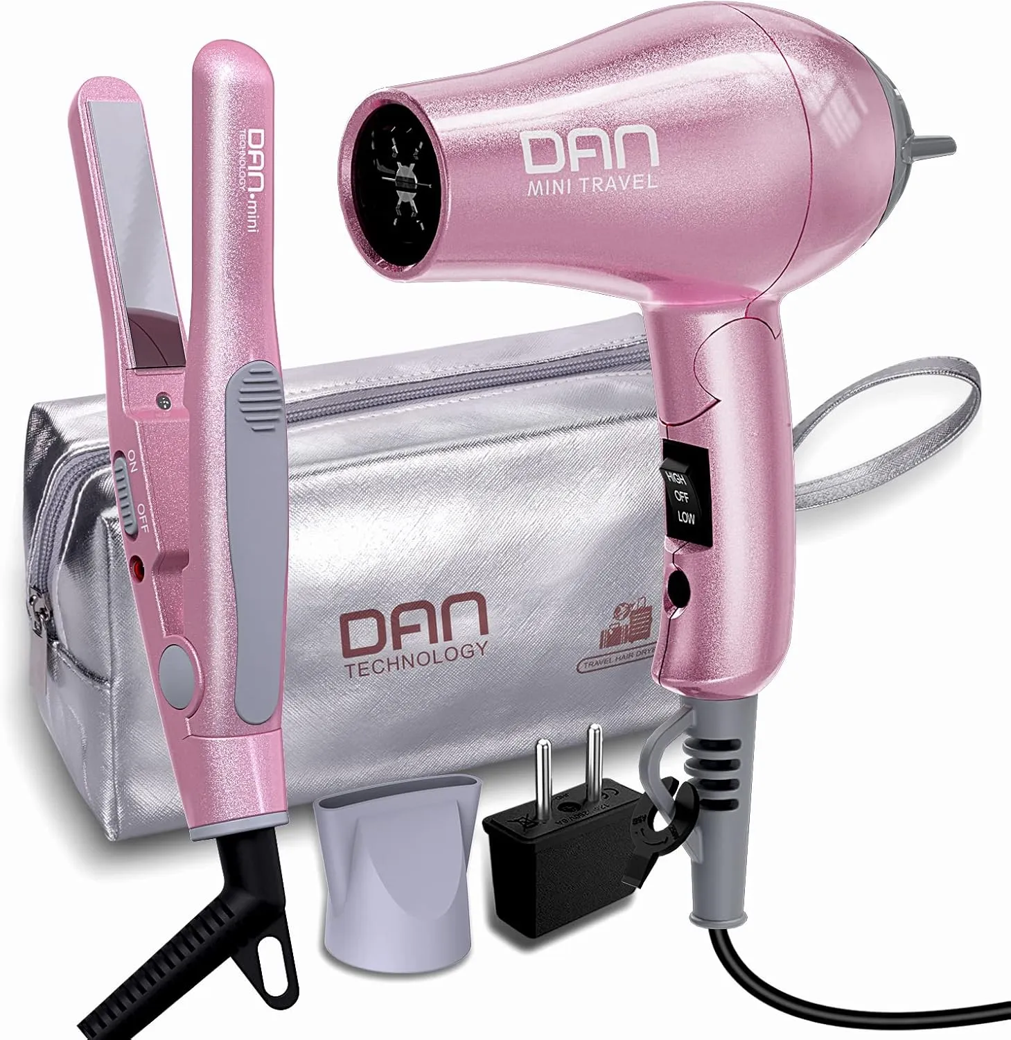 DAN Technology Flat Iron Blow Dryer Set, Small Flat Irons with Travel case, Concentrator Nozzle & EU Plug Adapter, Dual Voltage & Folding Handle, Pro Hair Dryer Set…