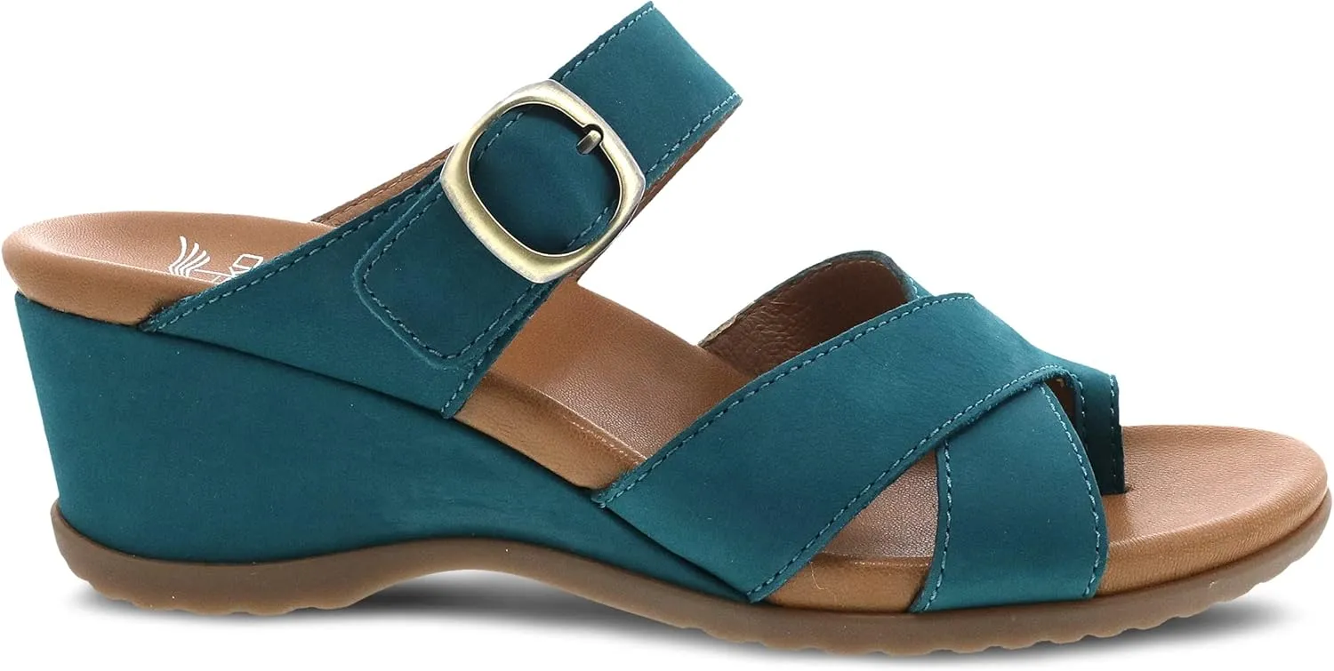 Dansko Aubree Wedge Sandal for Women – Cushioned, Contoured Footbed for All-Day Comfort and Support – Adjustable Hook & Loop Strap with Buckle Detail – Lightweight Rubber Outsole