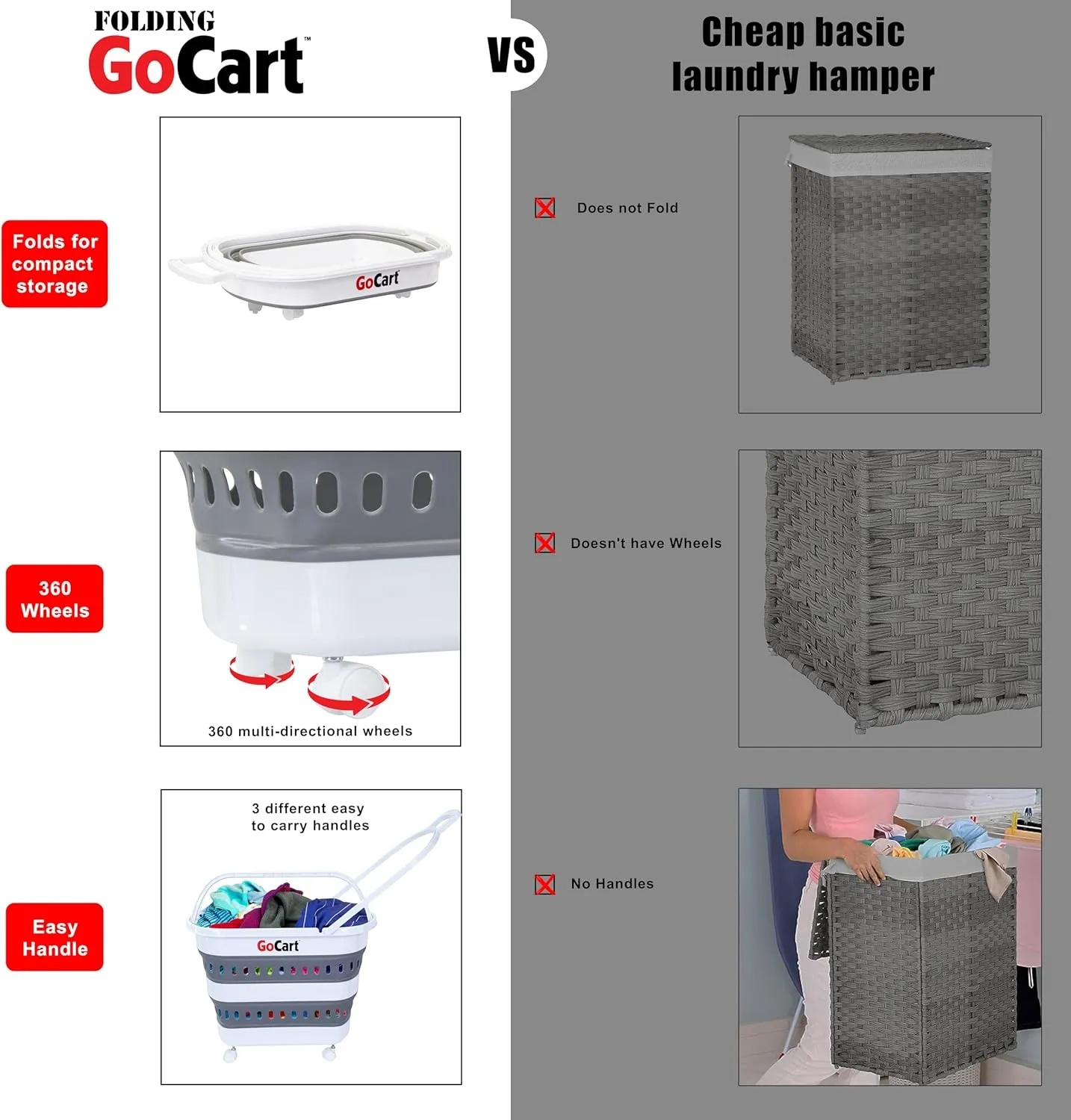 dbest products Folding Gocart Collapsible Laundry Basket on Wheels Grocery Cart Shopping Foldable Pop Up Plastic Hamper Tote Handles Cesto para ropa sucia