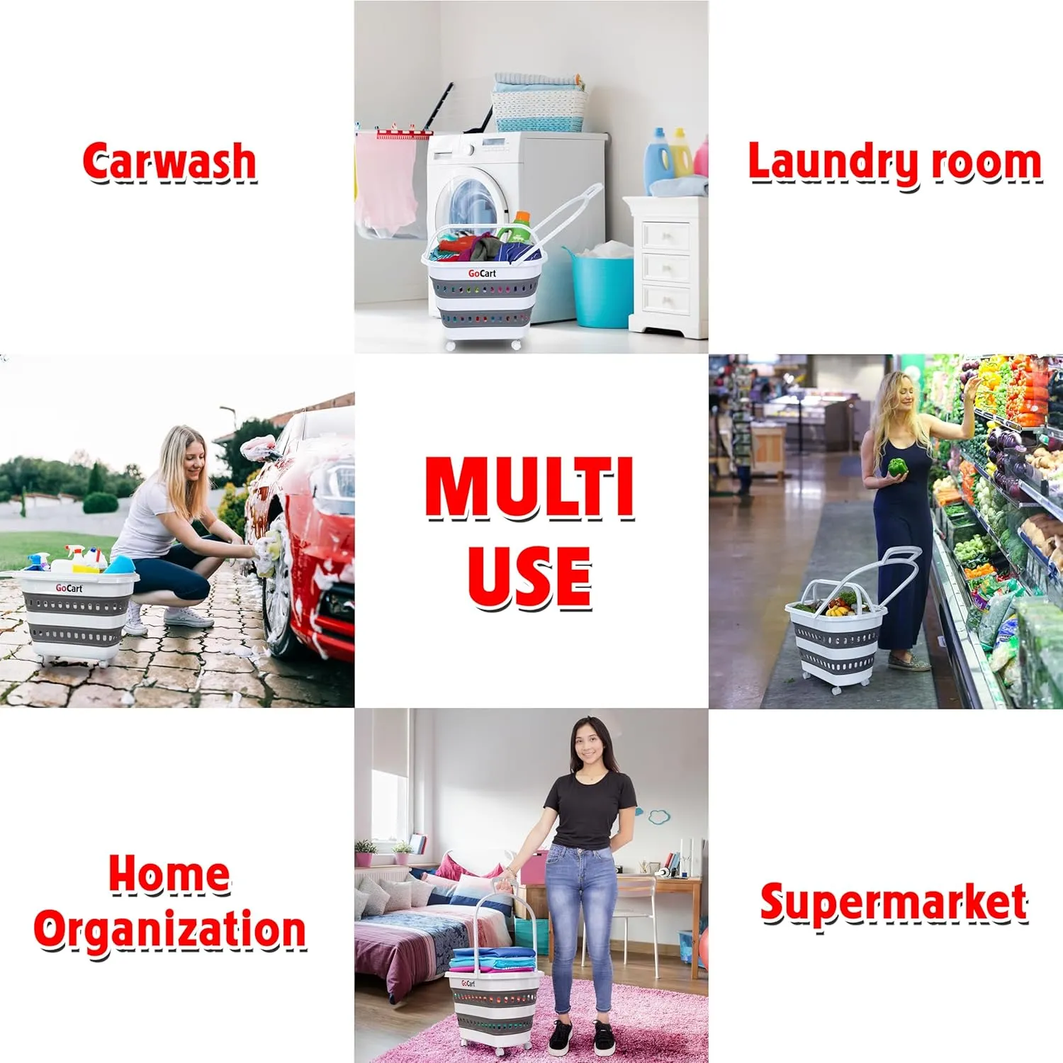 dbest products Folding Gocart Collapsible Laundry Basket on Wheels Grocery Cart Shopping Foldable Pop Up Plastic Hamper Tote Handles Cesto para ropa sucia