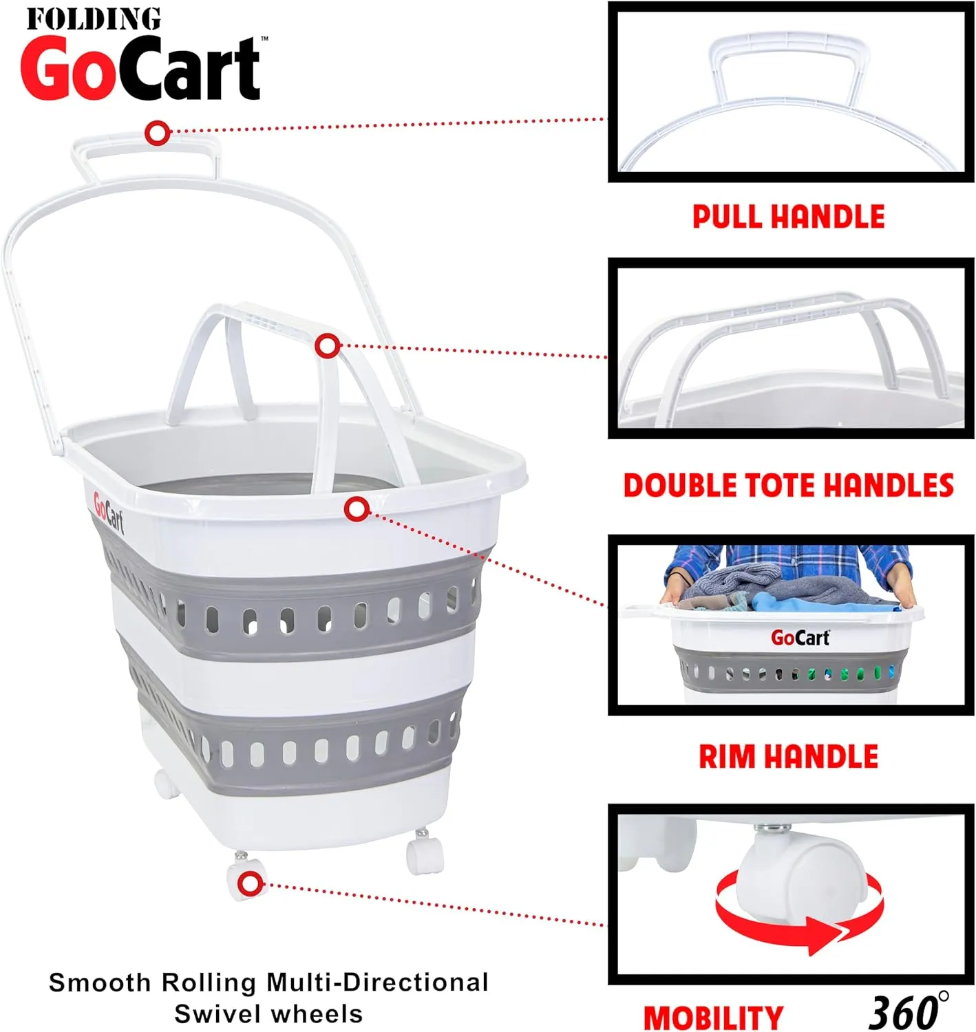 dbest products Folding Gocart Collapsible Laundry Basket on Wheels Grocery Cart Shopping Foldable Pop Up Plastic Hamper Tote Handles Cesto para ropa sucia