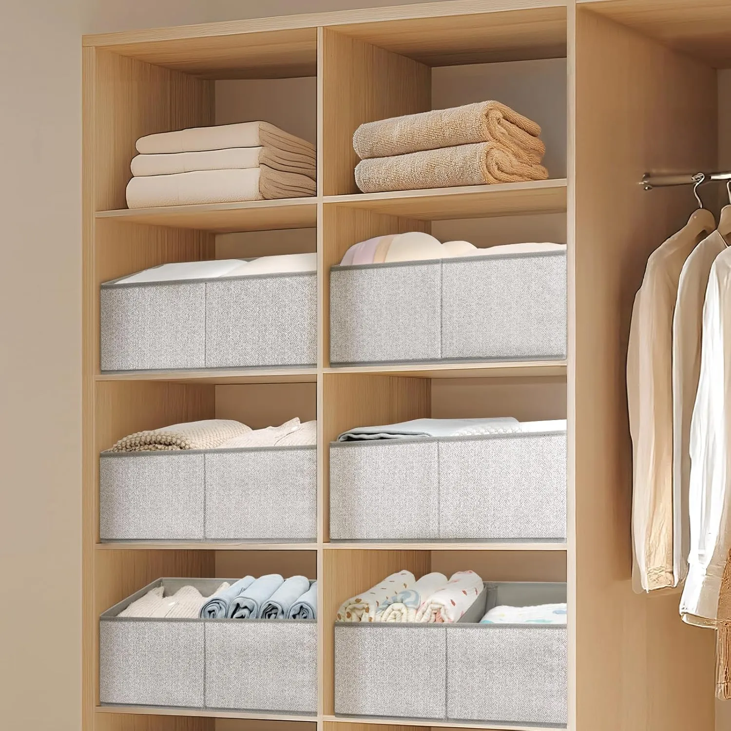 DIMJ Storage Baskets for Shelves 6 Packs - Large Trapezoid Closet Organizer Bins with Handles and Divider, Foldable Clothes Containers Box for Shelf, Towel, Book, Toy, Purse, Grey