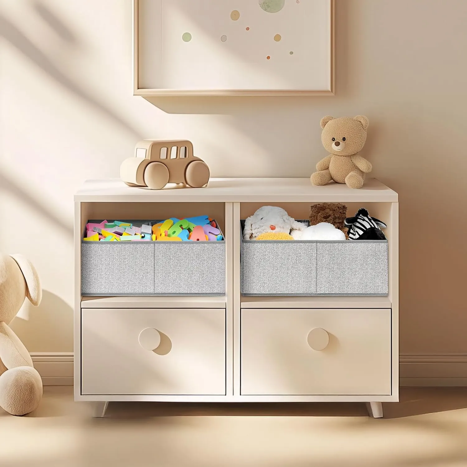 DIMJ Storage Baskets for Shelves 6 Packs - Large Trapezoid Closet Organizer Bins with Handles and Divider, Foldable Clothes Containers Box for Shelf, Towel, Book, Toy, Purse, Grey