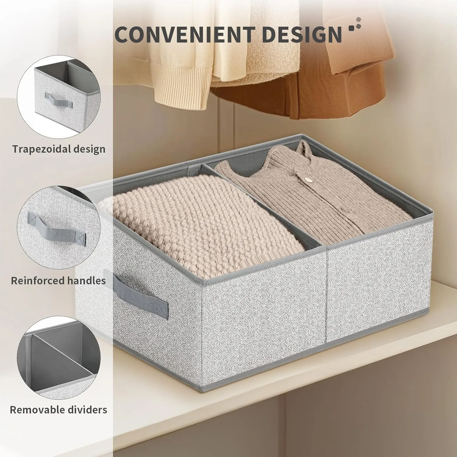 DIMJ Storage Baskets for Shelves 6 Packs - Large Trapezoid Closet Organizer Bins with Handles and Divider, Foldable Clothes Containers Box for Shelf, Towel, Book, Toy, Purse, Grey