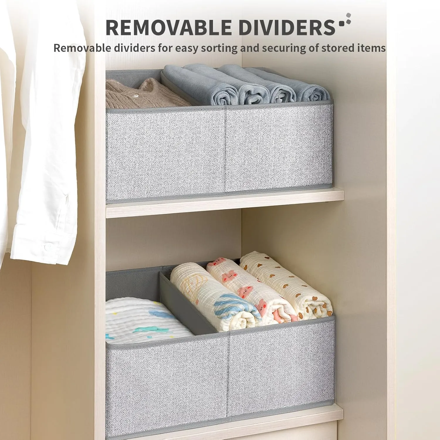 DIMJ Storage Baskets for Shelves 6 Packs - Large Trapezoid Closet Organizer Bins with Handles and Divider, Foldable Clothes Containers Box for Shelf, Towel, Book, Toy, Purse, Grey