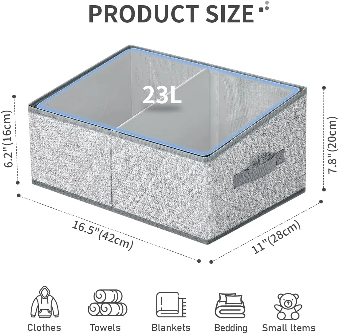 DIMJ Storage Baskets for Shelves 6 Packs - Large Trapezoid Closet Organizer Bins with Handles and Divider, Foldable Clothes Containers Box for Shelf, Towel, Book, Toy, Purse, Grey