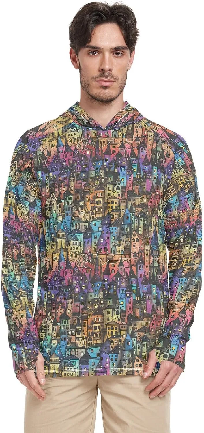 Dream Castle Animation Style Sun Shirt Hoodie for Men Long Sleeve Sun Shirt with Hood UPF 50  Quick Dry UV Hooded Rash Guard Sun Proof Shirts Sudaderas con Gorro para Hombre