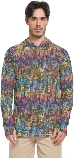 Dream Castle Animation Style Sun Shirt Hoodie for Men Long Sleeve Sun Shirt with Hood UPF 50  Quick Dry UV Hooded Rash Guard Sun Proof Shirts Sudaderas con Gorro para Hombre