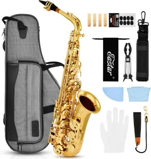 Eastar EAX-21, Alto Saxophone, E Flat Saxophone for Beginner Students Brass Sax Full Kit, Travel Bag, Foldable Stand, Cleanning Kit, Golden Lacquer