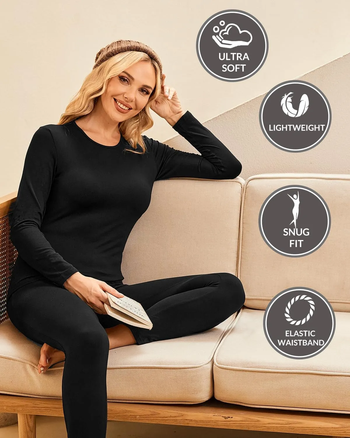Ekouaer Thermal Underwear for Women Long Johns Sets Base Layer Lightweight 2 Pieces Pajams Set