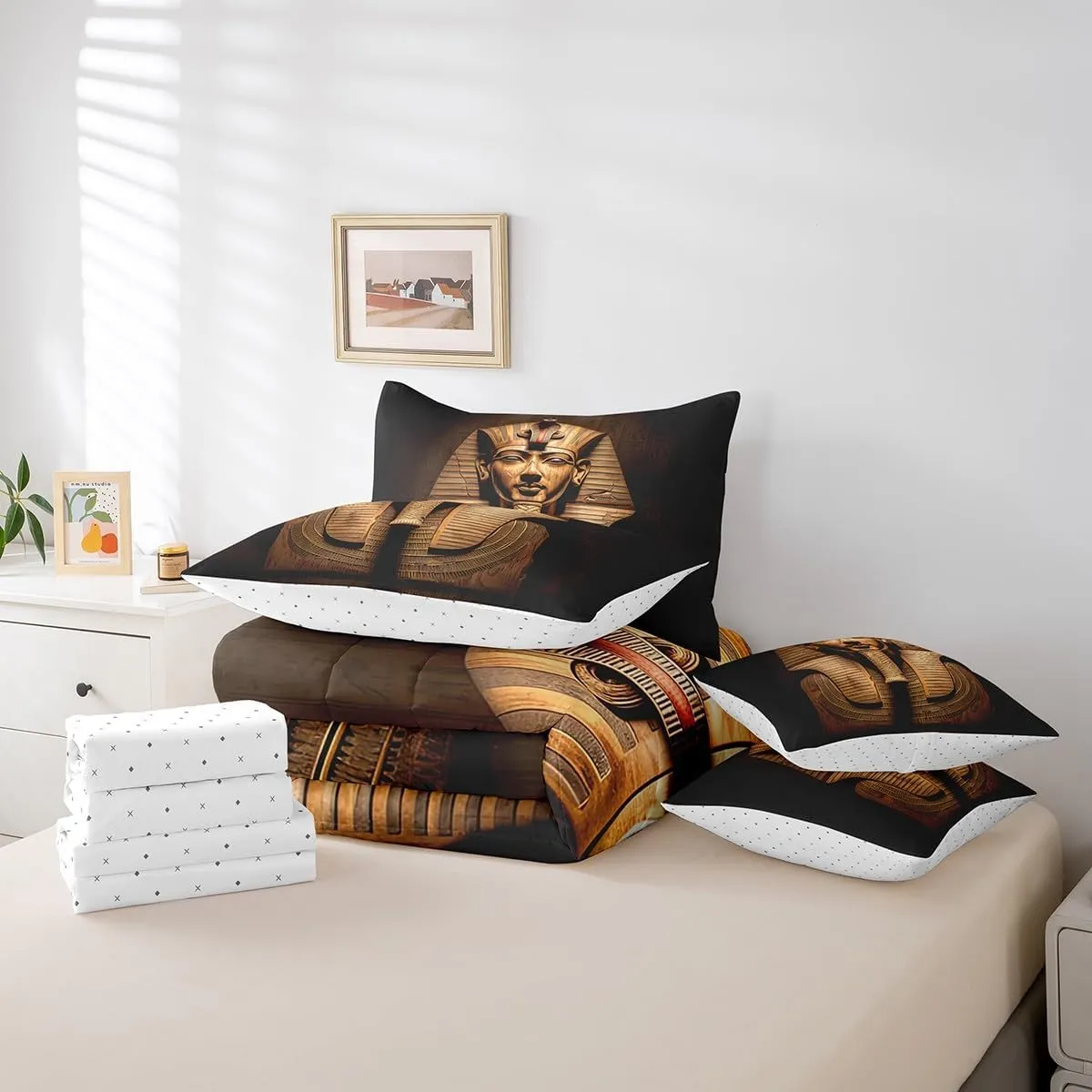 Erosebridal Comforter Set King Size 7 Piece,Egyptian Pharaoh Bedding Set with Sheet Set for Kids Adults,Ancient Egypt Tribe Exotic Bed in A Bag with Throw Pillow Covers,Reversible