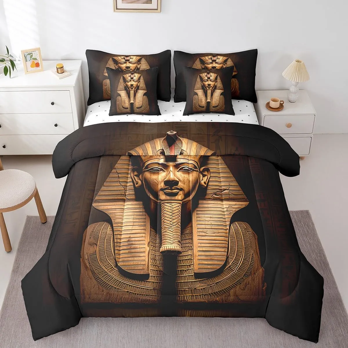 Erosebridal Comforter Set King Size 7 Piece,Egyptian Pharaoh Bedding Set with Sheet Set for Kids Adults,Ancient Egypt Tribe Exotic Bed in A Bag with Throw Pillow Covers,Reversible