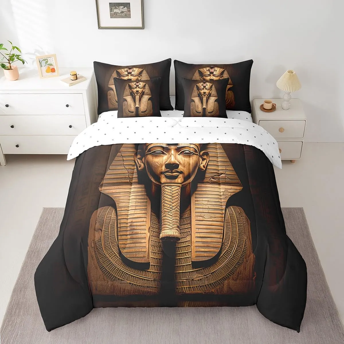 Erosebridal Comforter Set King Size 7 Piece,Egyptian Pharaoh Bedding Set with Sheet Set for Kids Adults,Ancient Egypt Tribe Exotic Bed in A Bag with Throw Pillow Covers,Reversible