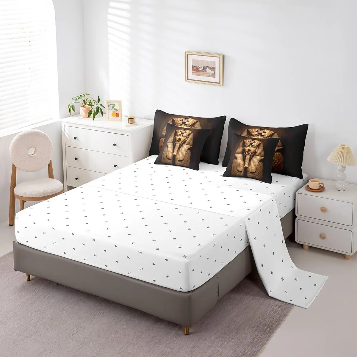 Erosebridal Comforter Set King Size 7 Piece,Egyptian Pharaoh Bedding Set with Sheet Set for Kids Adults,Ancient Egypt Tribe Exotic Bed in A Bag with Throw Pillow Covers,Reversible