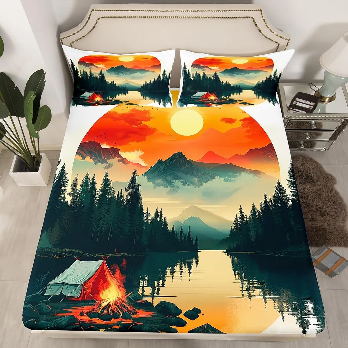 Feelyou Boys Girls Camper Bed Sheet Set Twin Size, Happy Camping Bedding Set RV Camping Fitted Sheet Kids Smoky Mountain Teens Bed Cover Bedroom Decor Lightweight Bed Set (No Flat Sheet)