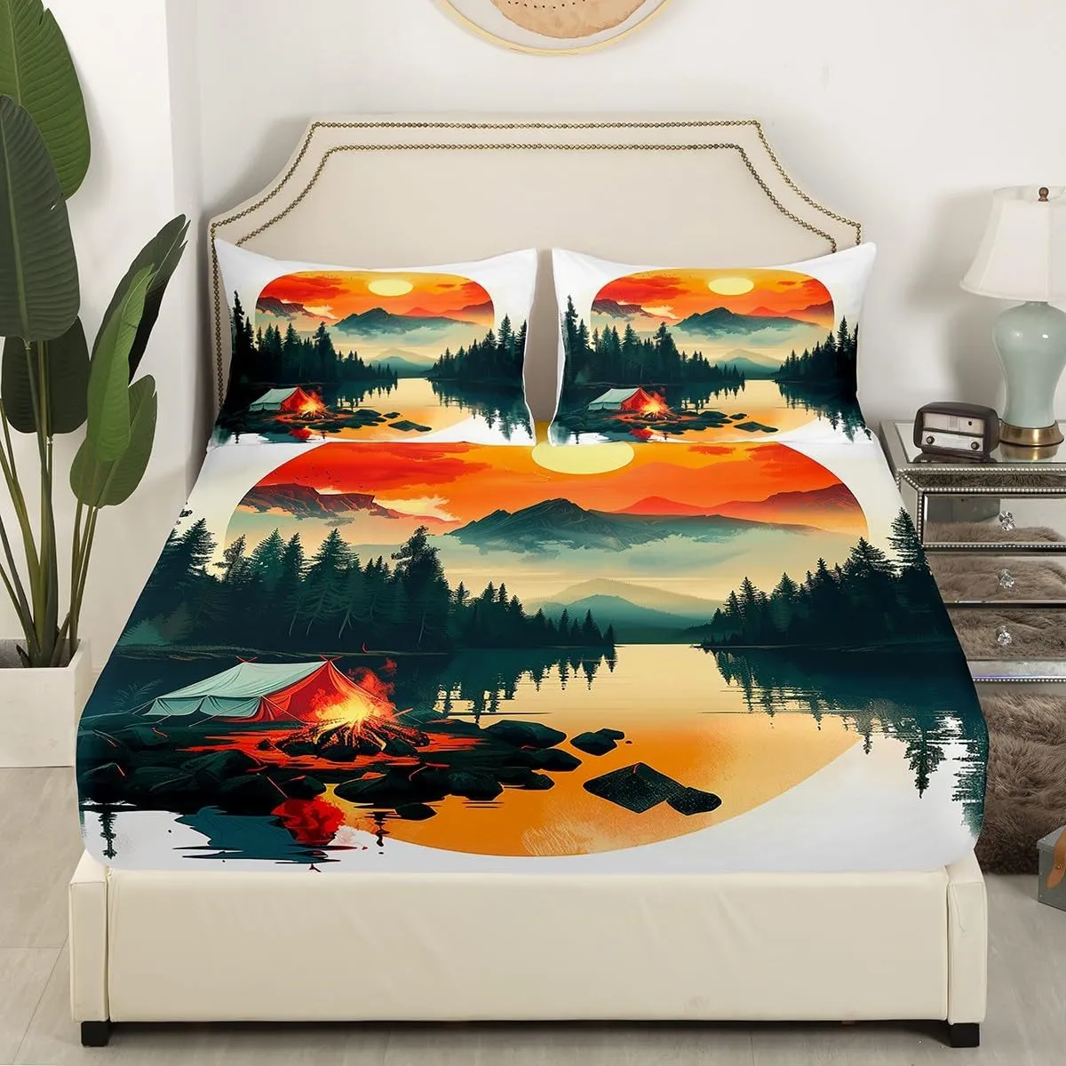 Feelyou Boys Girls Camper Bed Sheet Set Twin Size, Happy Camping Bedding Set RV Camping Fitted Sheet Kids Smoky Mountain Teens Bed Cover Bedroom Decor Lightweight Bed Set (No Flat Sheet)
